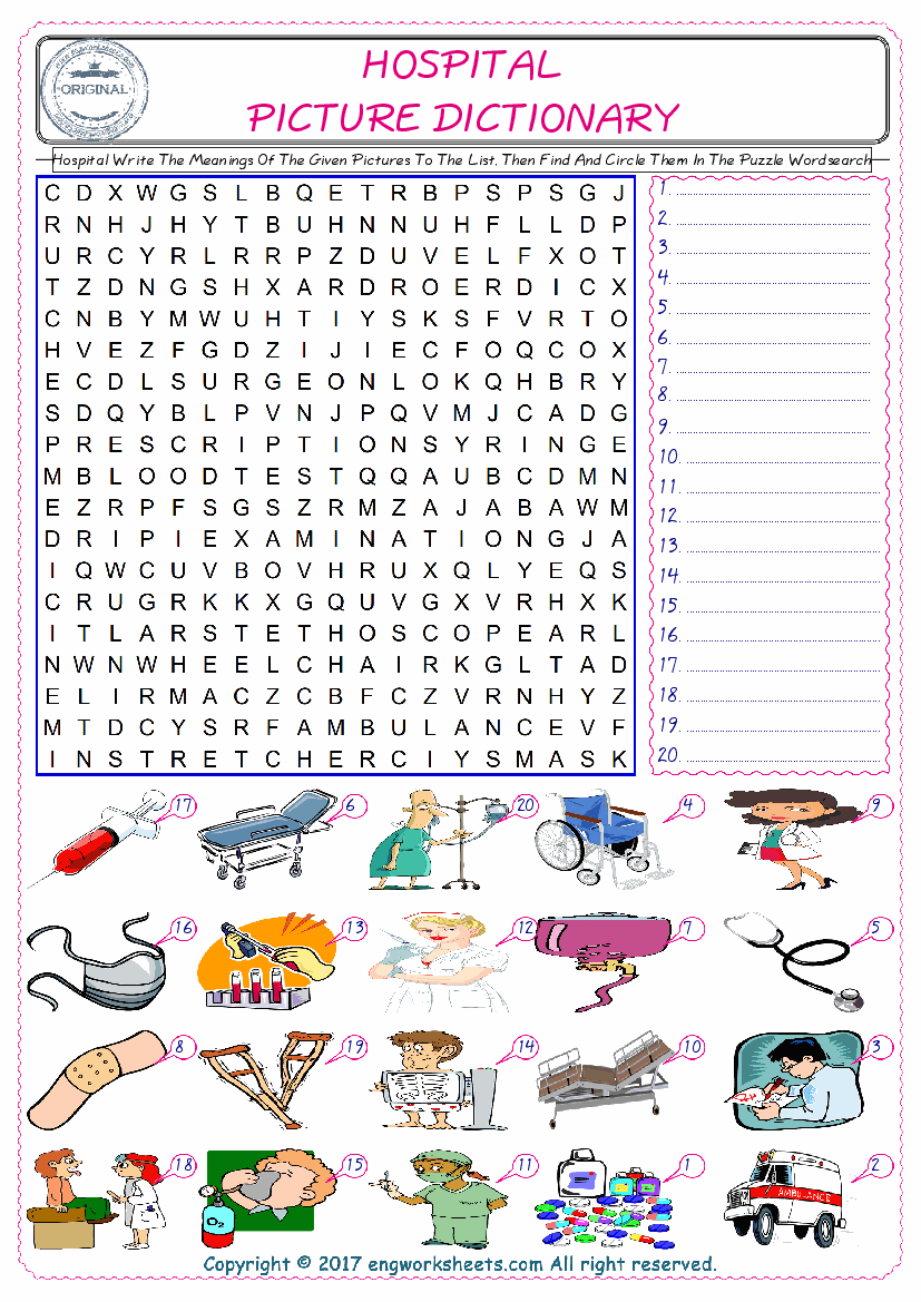  For kids, check the picture of Hospital find, and write the word and find it in the word puzzle ESL printable worksheet. 